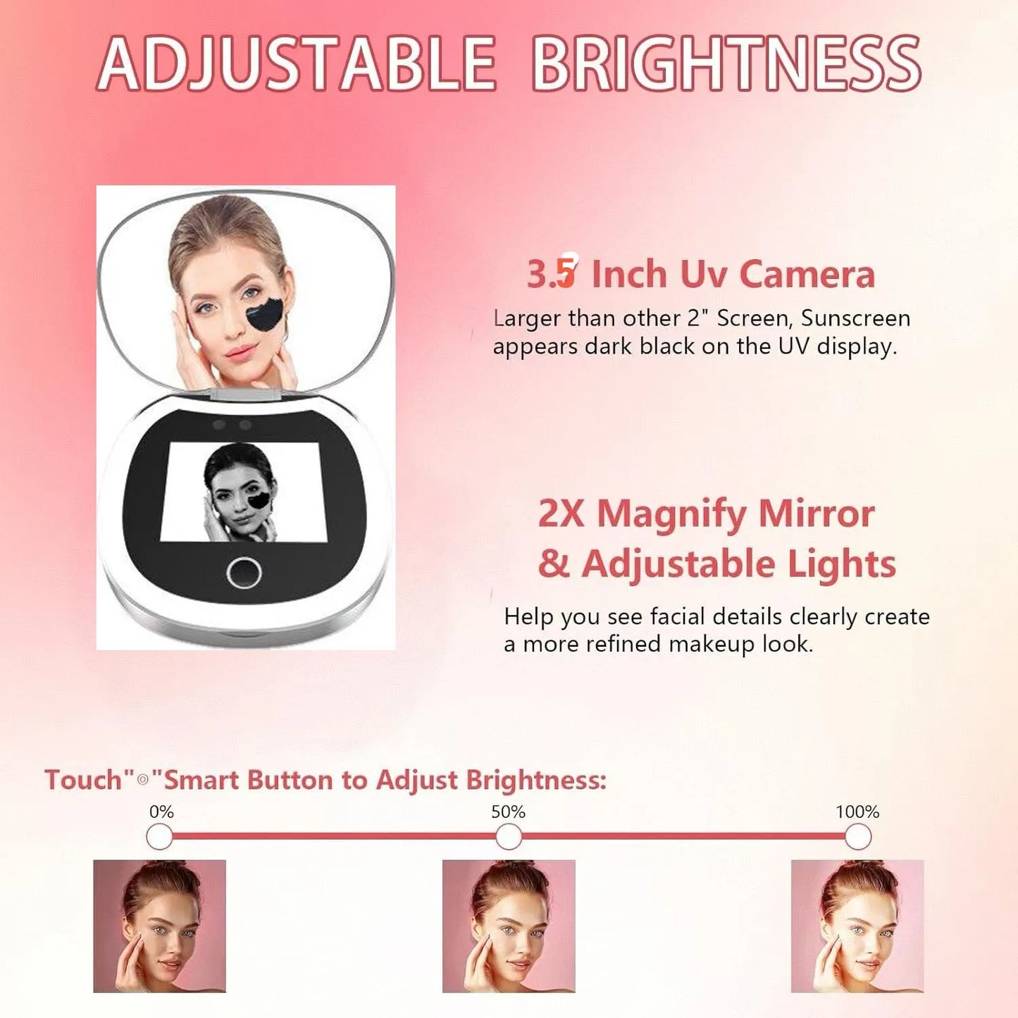 Sunscreen UV Mirror Testing Camera with Light 2X Magnification 3.5in Pocket Size L Pocket
