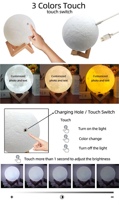 Personalized 3D Printing Moon Lamp Customized Photo Text Night Light USB Rechargeable🌕